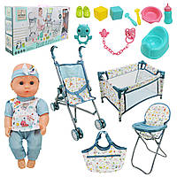 Ігровий набір - пупс 38 см у наборі з коляскою, килимком, сумкою, манежем