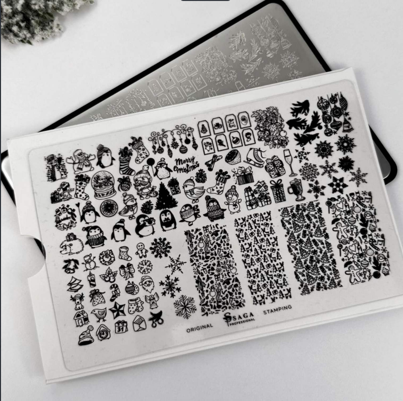 Пластина для стемпінга металева SAGA professional зимова, сніжинки Стемпінг пластини новорічна, фото 1