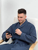 Комфортный вафельный халат для мужчин темно-синего цвета Халат мужской качественный вафелька 100% хлопок
