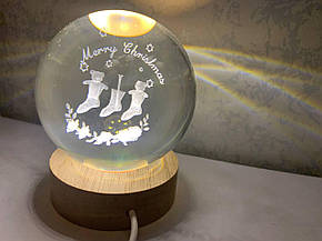 Нічник у 3D-формі Merry christmas Шкарпетки 8 см, Декоративний 3D-нічник кришталева куля з Led-підсвіткою, фото 3