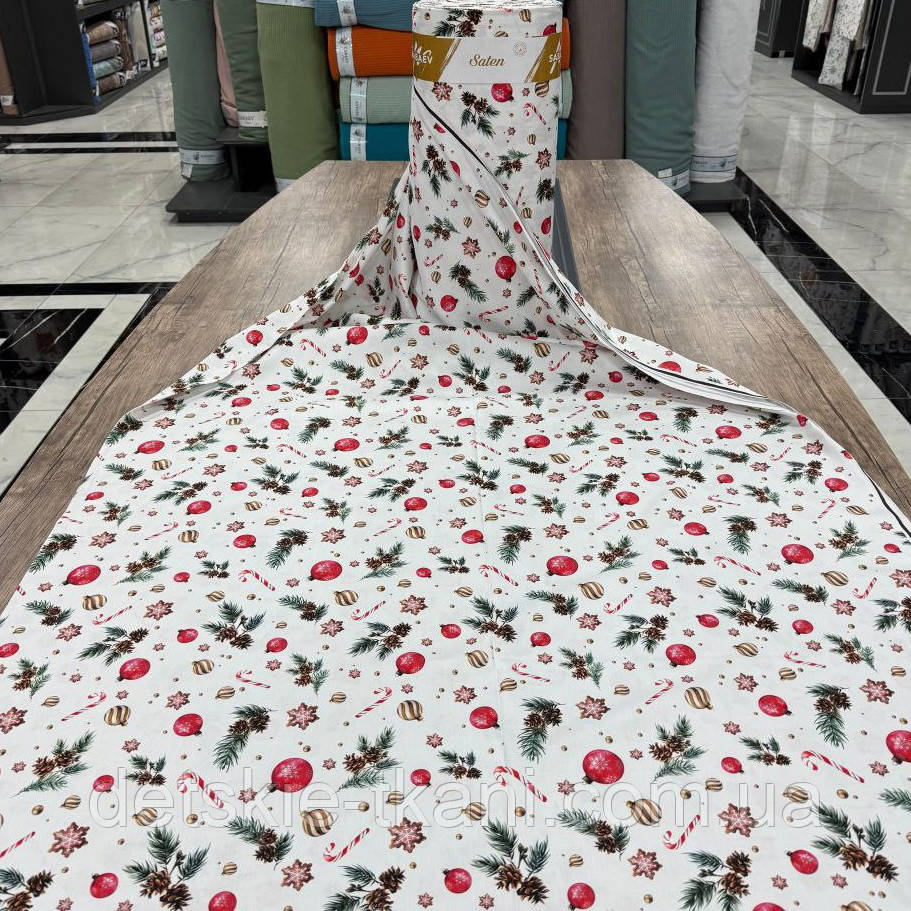 Тканина сатин digital оптом "Новорічні іграшки, льодяники та шишки на білому тлі" (рулонами), фото 1