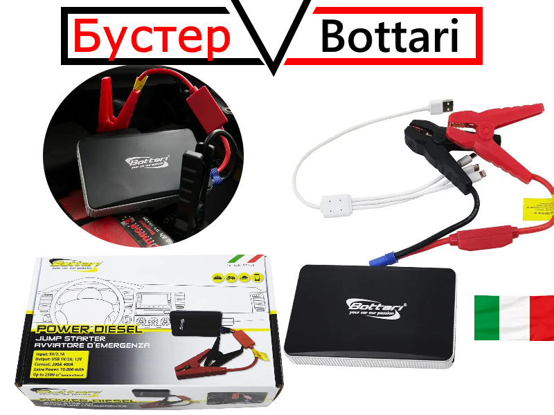 Повербанк для запуску авто (бустер) 12V Bottari 10000 mAh, старт 400 А, USB, бензин/дизель, фото 1