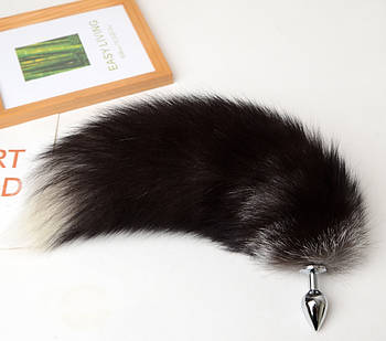 Анальна пробка S 2.2см з хвостом натуральної лисиці чорний з білим кінчиком  для рольових ігор
