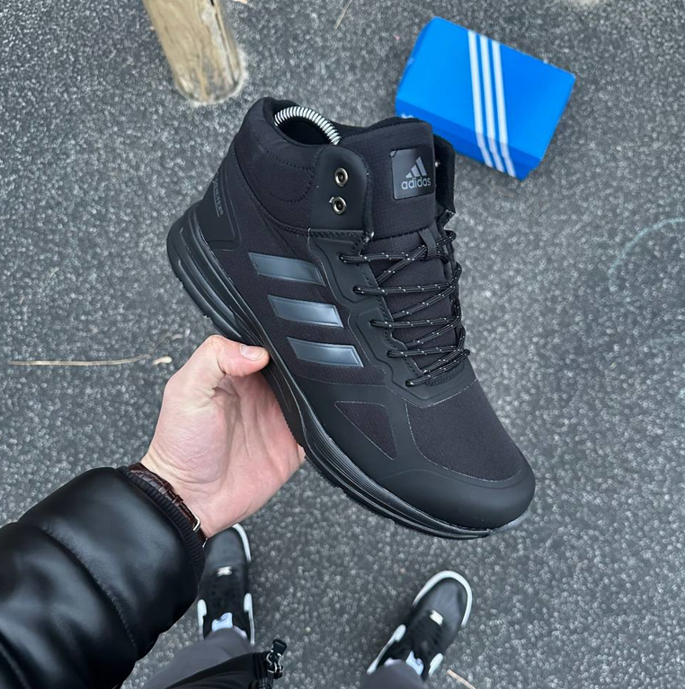 Зимові чоловічі кросівки Adidas Terrex Black чорні високі з хутром Адідас Терекс Гортекс текстильні теплі зима