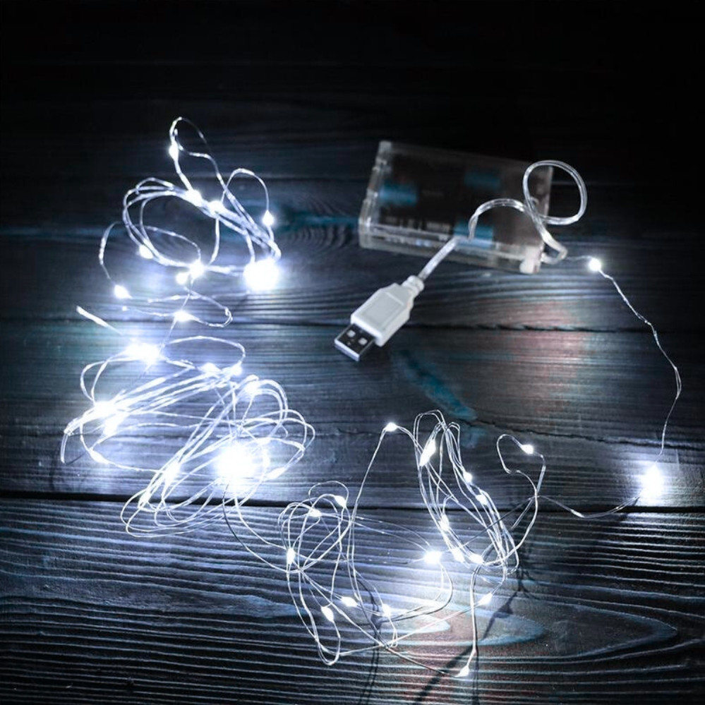 Світлодіодна гірлянда роса 5 метрів на батарейках та USB Гірлянда ліска холодне біле світло