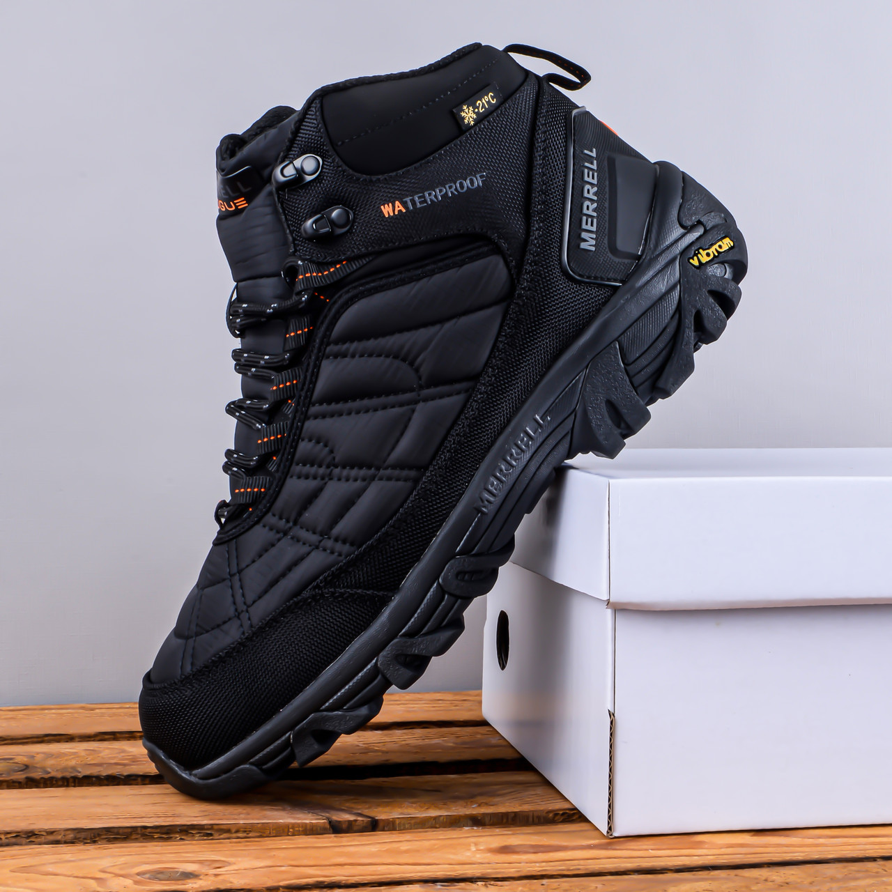 РОЗПРОДАЖ!! ЗИМОВІ Кросівки Черевики Merrell високі з хутром повністю чорні, фото 1
