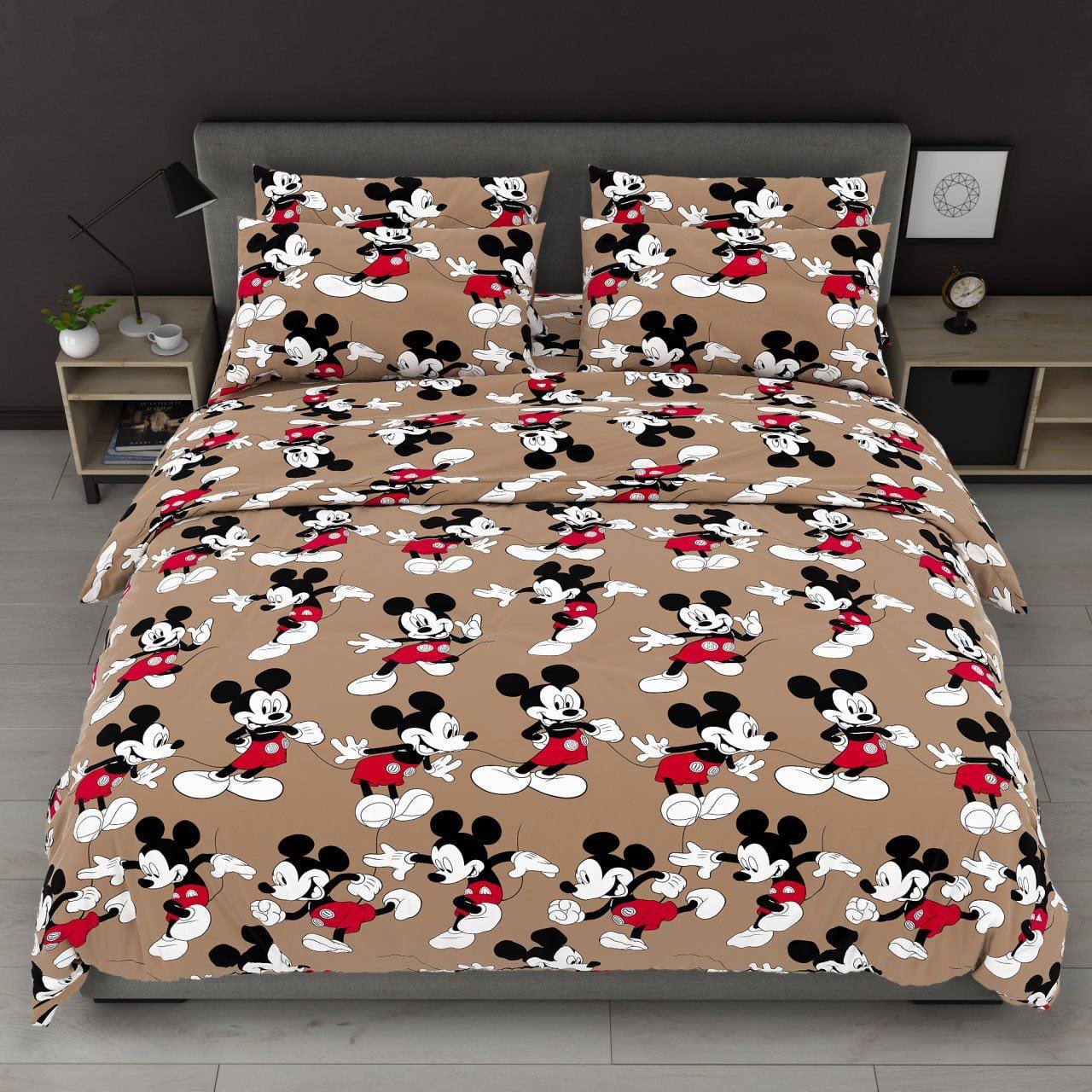 Простирадло 150х220 (Бязь) | Полуторне простирадло від виробника "Королева Ночі" | Мікі Маус на коричневому, фото 1