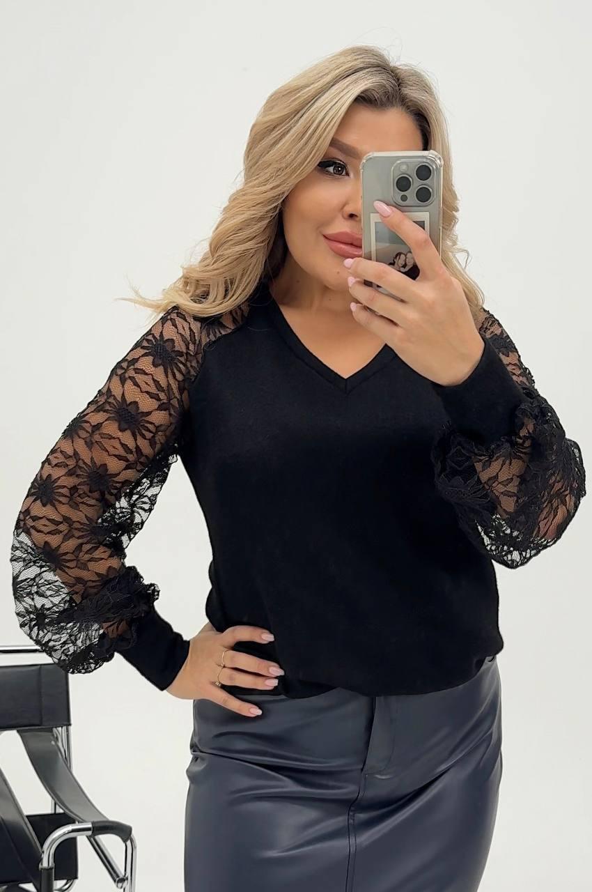 Жіноча оригінальна кофта з мереживом на рукавах із ангори батал "Аріадна" Стильна ошатна жіноча кофта, фото 1