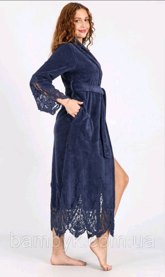 Жіночий велюровий халат на запах преміум якість Nusa NS-0544 прикрашений мереживом