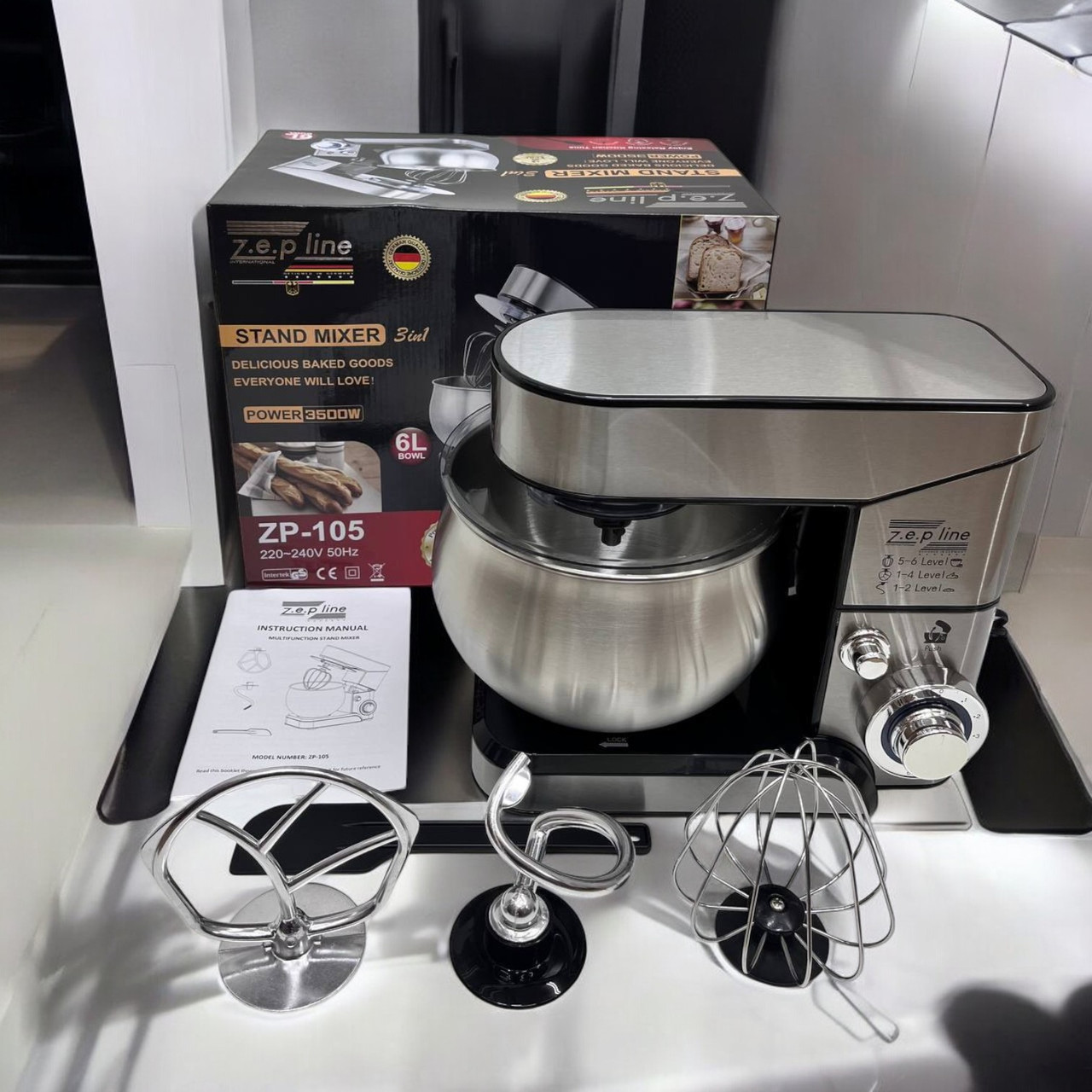 Кухонний комбайн Zepline на 6 л з 3 насадками 3500 Вт Потужний кухонний міксер-тістоміс