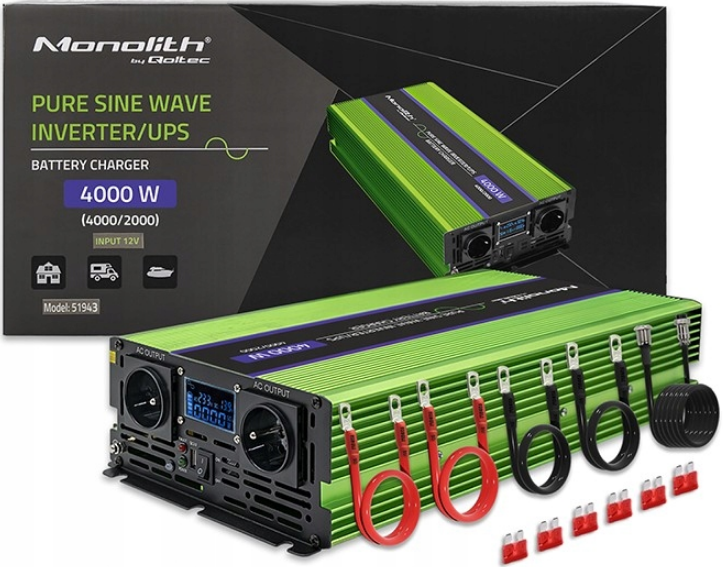 Інвертор 12 230 з чистою синусоїдою 2000Вт/4000Вт Qoltec (Польща), фото 1