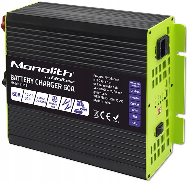 Зарядний пристрій для акумуляторів LiFePO4 AGM GEL SLA 60A 12V Qoltec (Польща), фото 1