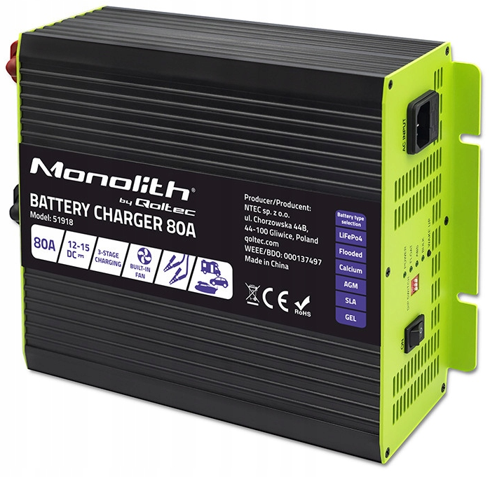Зарядний пристрій для акумуляторів LiFePO4 AGM GEL SLA 80A 12V Qoltec (Польща), фото 1