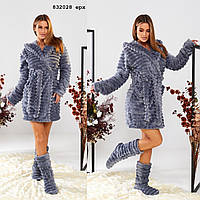 Жіночий халат з чобітками, короткий, із запахом | Модний Теплий халат з капюшоном та кишенями | Норма