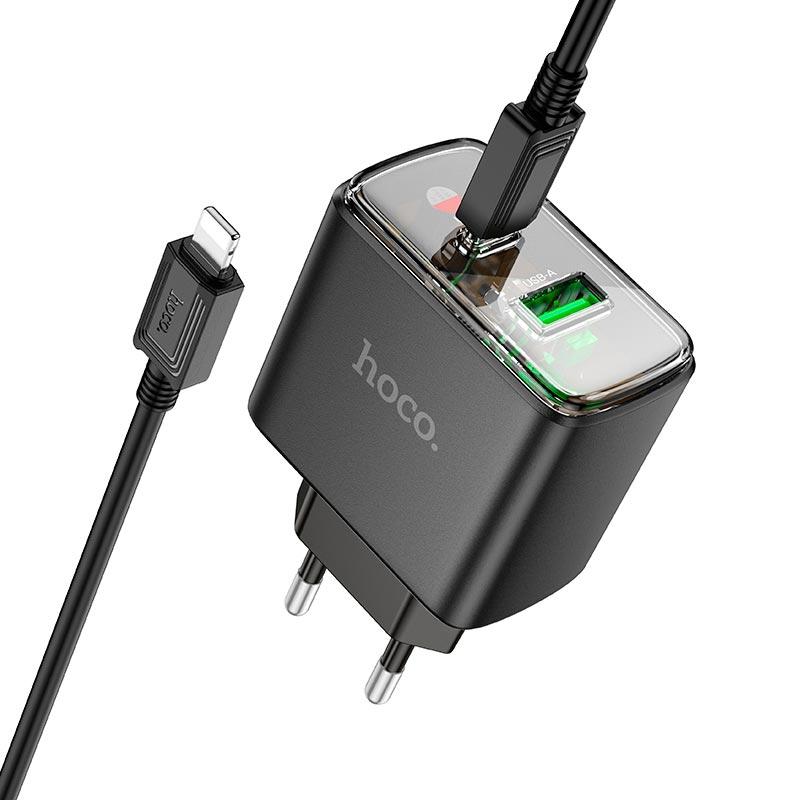 Адаптер мережевий Hoco Smart charger Type-C to Lightning Cable set CS42A |1Type-C/1USB, 30W/3A, PD/QC| чорний