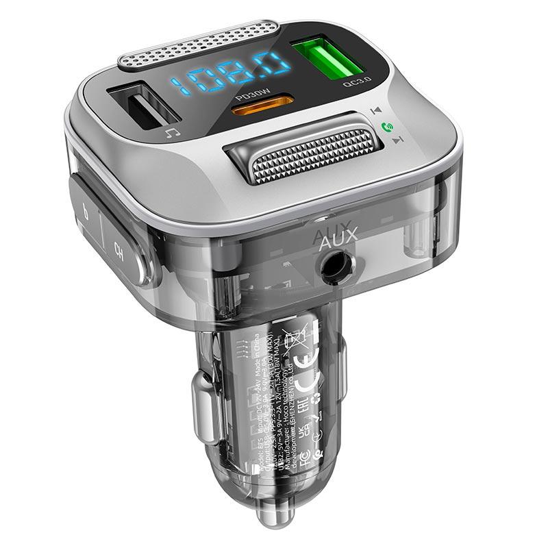 Адаптер автомобільний Hoco Bravery car BT FM transmitter E75 |2USB/Type-C, AUX, 30W/3A, PD/QC| чорний