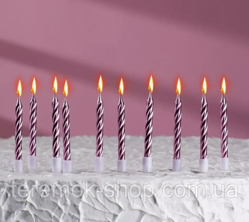 Свічки для торта пудра рожеве золото кручені металік з підставкою набір 10 шт, фото 1