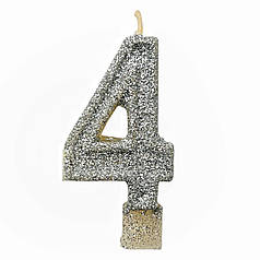 Свічка цифра з блискітками 4, срібло