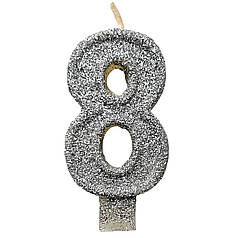 Свічка цифра з блискітками 8, срібло