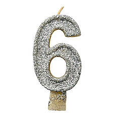 Свічка цифра з блискітками 6, срібло