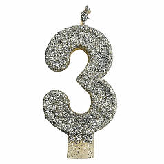 Свічка цифра з блискітками 3, срібло