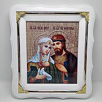 Икона для дома Святые Петр и Феврония 24х21см в белом киоте.