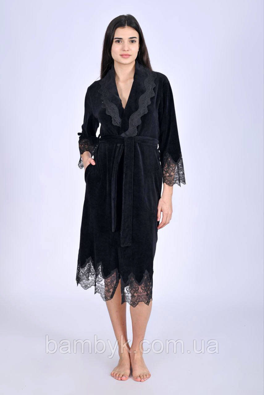 Жіночий велюровий халат на запах преміум якість Nusa NS-0519 прикрашений мереживом