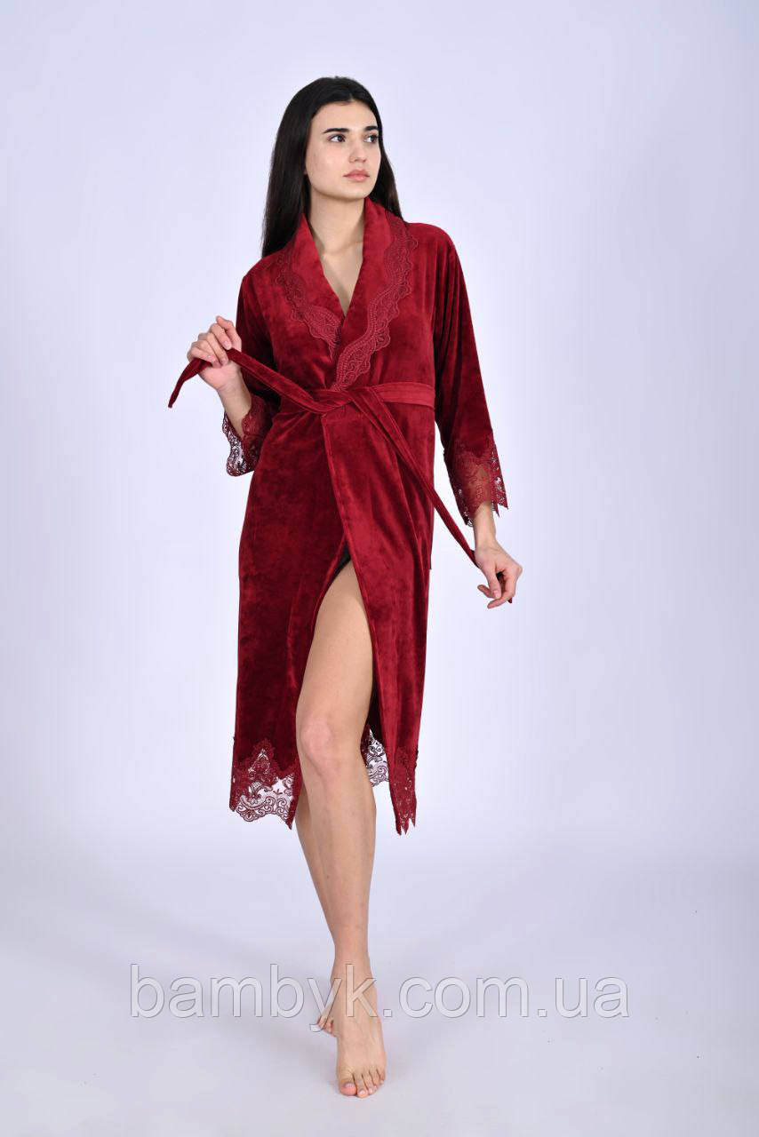 Жіночий велюровий халат на запах преміум якість Nusa NS-0519 прикрашений мереживом