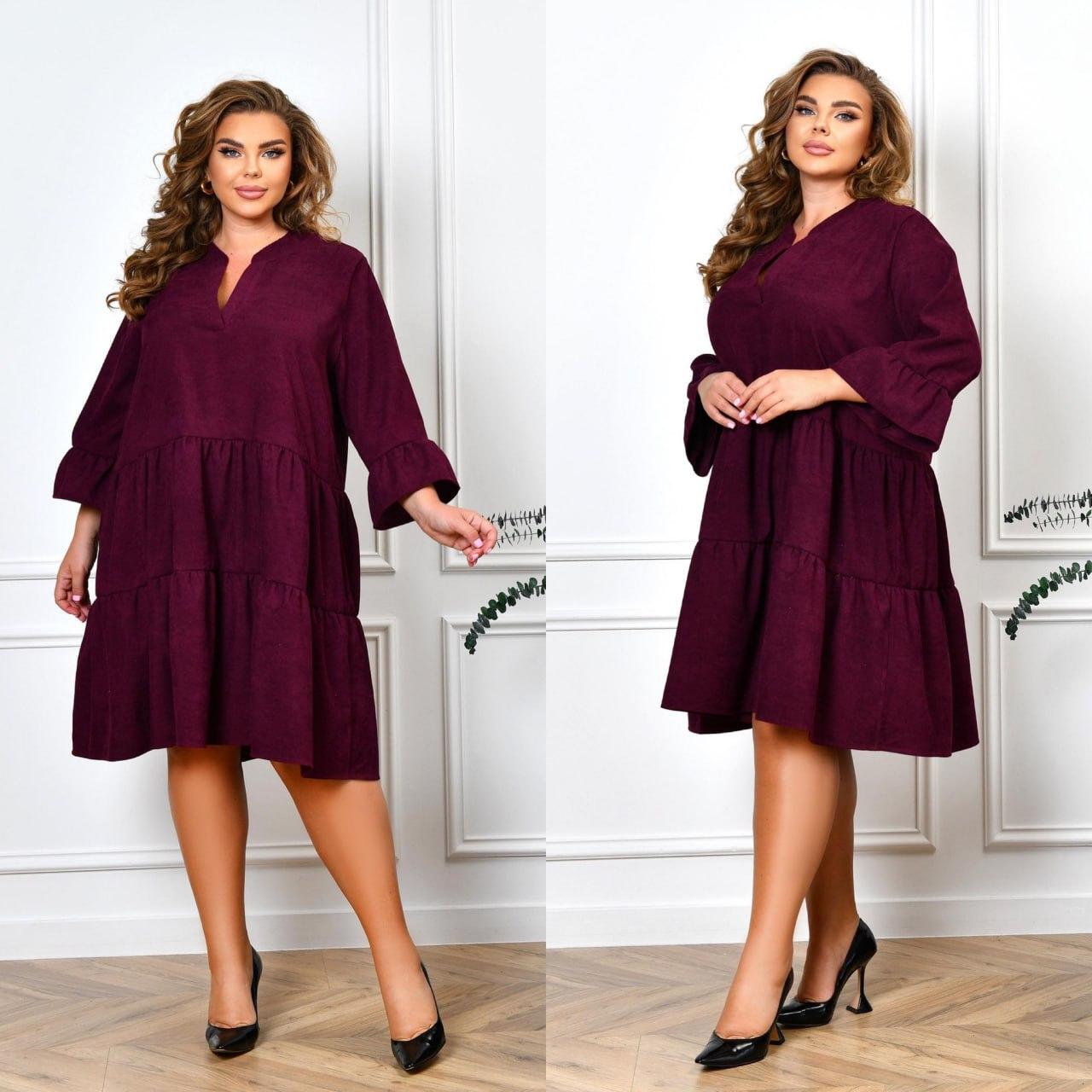 Жіноча вельветова трапецевидна сукня вільного крою з воланом по подолу, батал великі розміри, фото 1