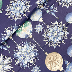 Польська бавовняна тканина "Новорічні іграшки на синьому" 160 см