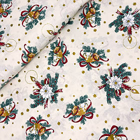 Польська бавовняна тканина "Колокльчики зі свічкою в ялиновій гілці на молочному" 160 см