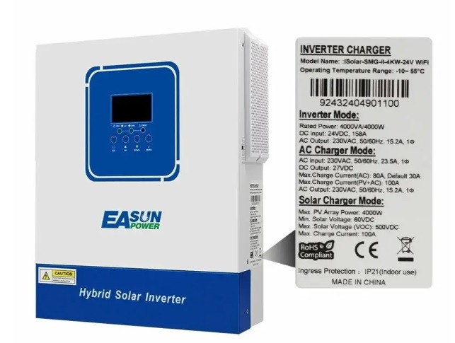 Гібридний сонячний інвертор Easun Power iSolar-SMH-II-4KW 24V MPPT Max CH 100A, AC 80 для LiFePo4 із зар