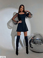 Коротке чорне мініплаття стильне приталене ефектне з рукавами із сітки розміри 42-48