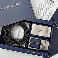 Кожаный мужской ремень двусторонний с двумя пряжками Tommy Hilfіgеr качественный пояс в фирменной упаковке