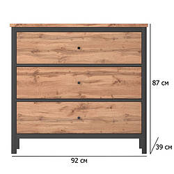 Комод на 3 шухляди Чос KOM3S 92 см дуб тахо з чорними рамками на фасаді на ніжках у стилі лофт