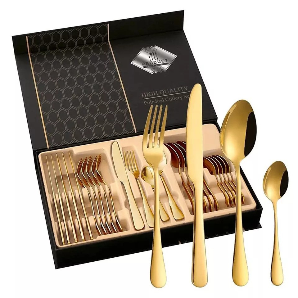 Набір столового приладдя з неіржавкої сталі на 6 персон у подарунковій коробці, 24 предмети Золото, фото 1