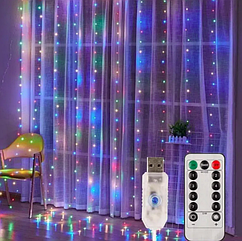 Новорічна гірлянда роса USB штора "Водоспад" 3х3м мульті колор 8 режимів з пультом