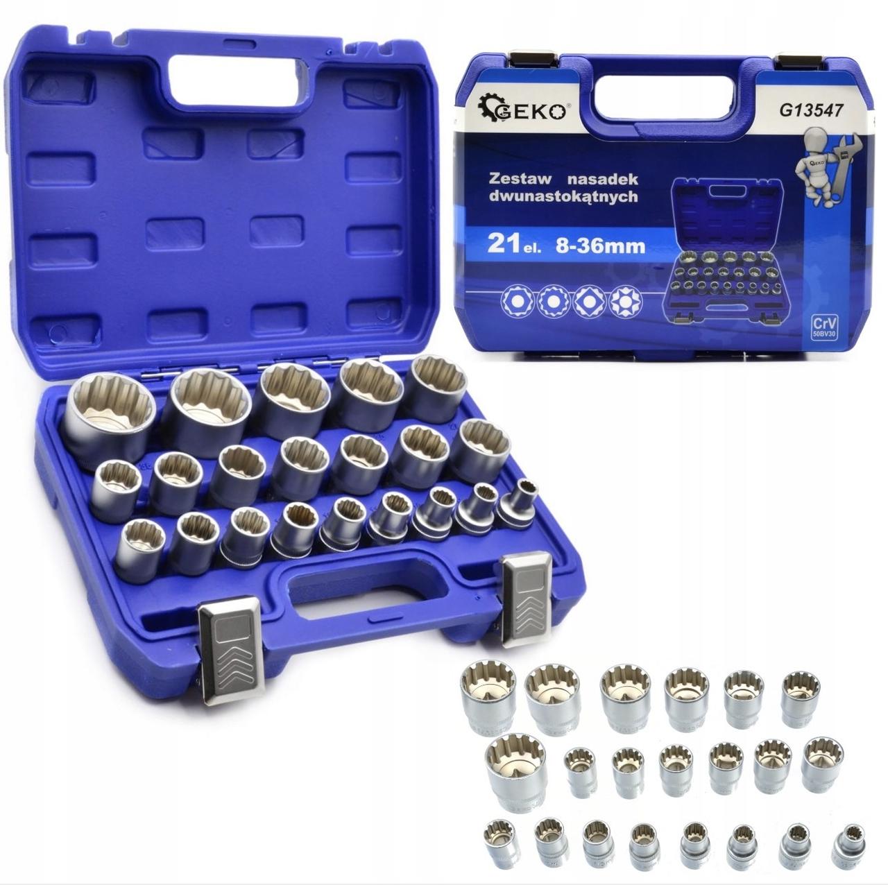 Набір торцевих спеціальних 12-гранних головок із профілем 8-36 мм 21 штука Geko G13547 Польща, фото 1