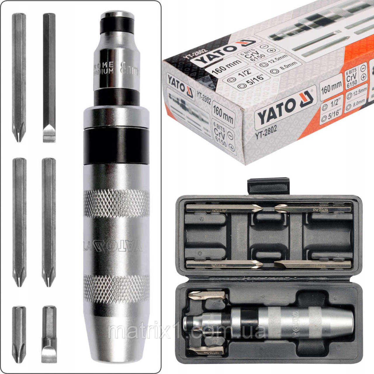 Викрутка реверсивна ударна квадрат 1/2", 7 насадок. 5/16» СrV YATO YT-2802  (Польща)