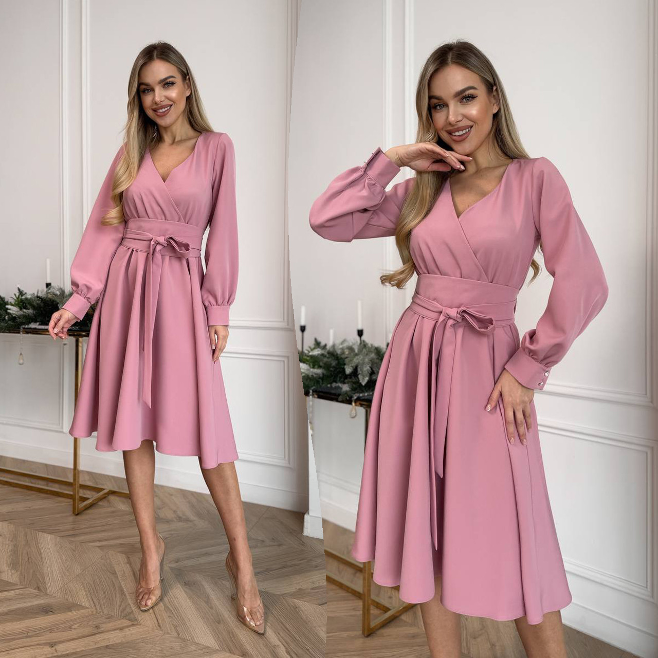 Фрезове однотонне плаття плаття з імітацією заходу, фото 1