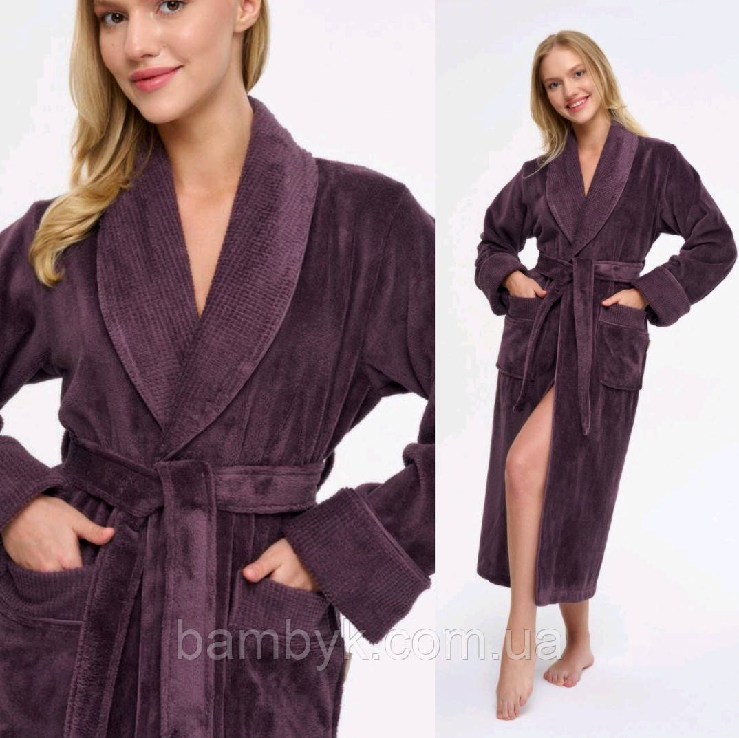 Жіночий халат з шалевим коміром сливового кольору довгий бамбуковий банний на запах Nusa NS-3883