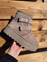 Угги UGG ботиночки БЕЖЕВЫЕ KHAKI на липучках и высокой подошве с лейбл утепленые женские зимние LQD