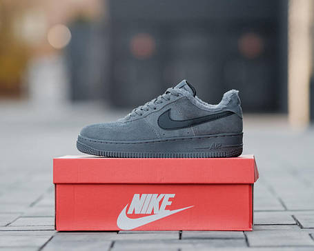 Зимові Чоловічі Кросівки Nike Air Force 1 Low Grey Fur / Найк Аїр Форс Низькі Сірі (Хутро), фото 1