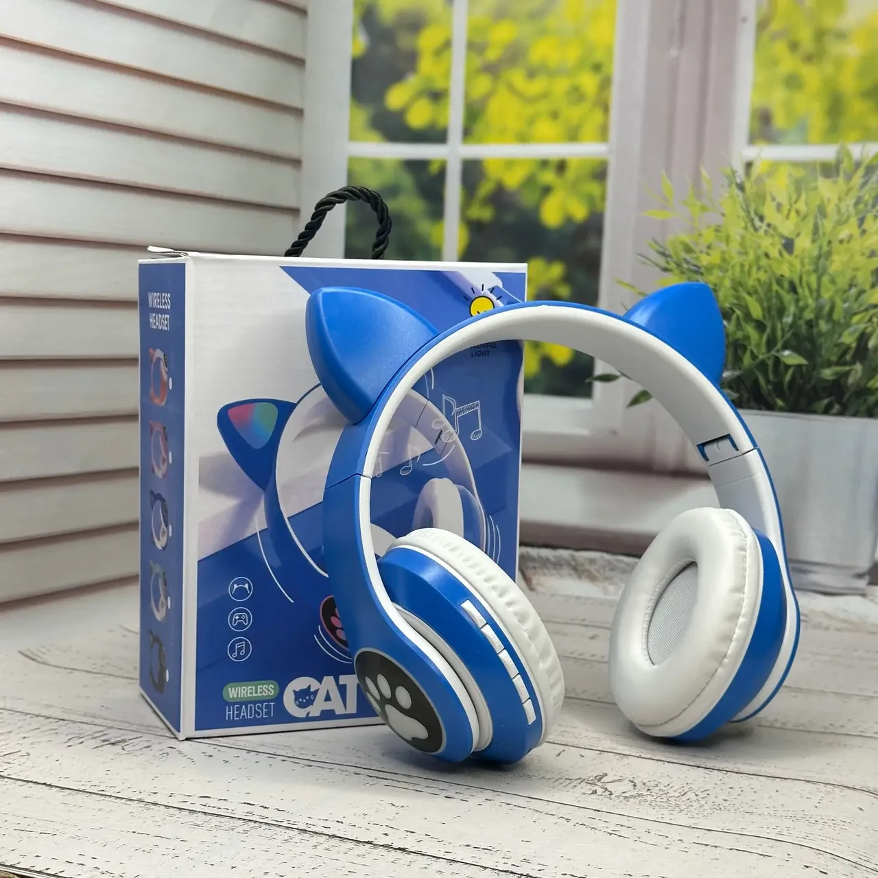 Навушники дитячі бездротові з котячими вушками Котики STN-28 Bluetooth-навушники Синій колір