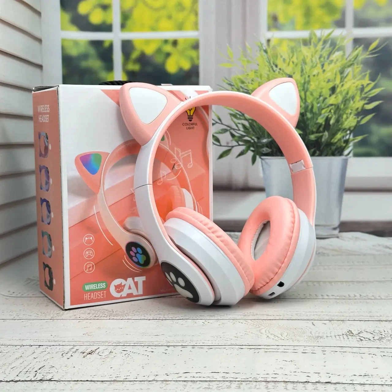 Навушники дитячі бездротові з котячими вушками Котики STN-28 Bluetooth-навушники Рожевий колір, фото 1