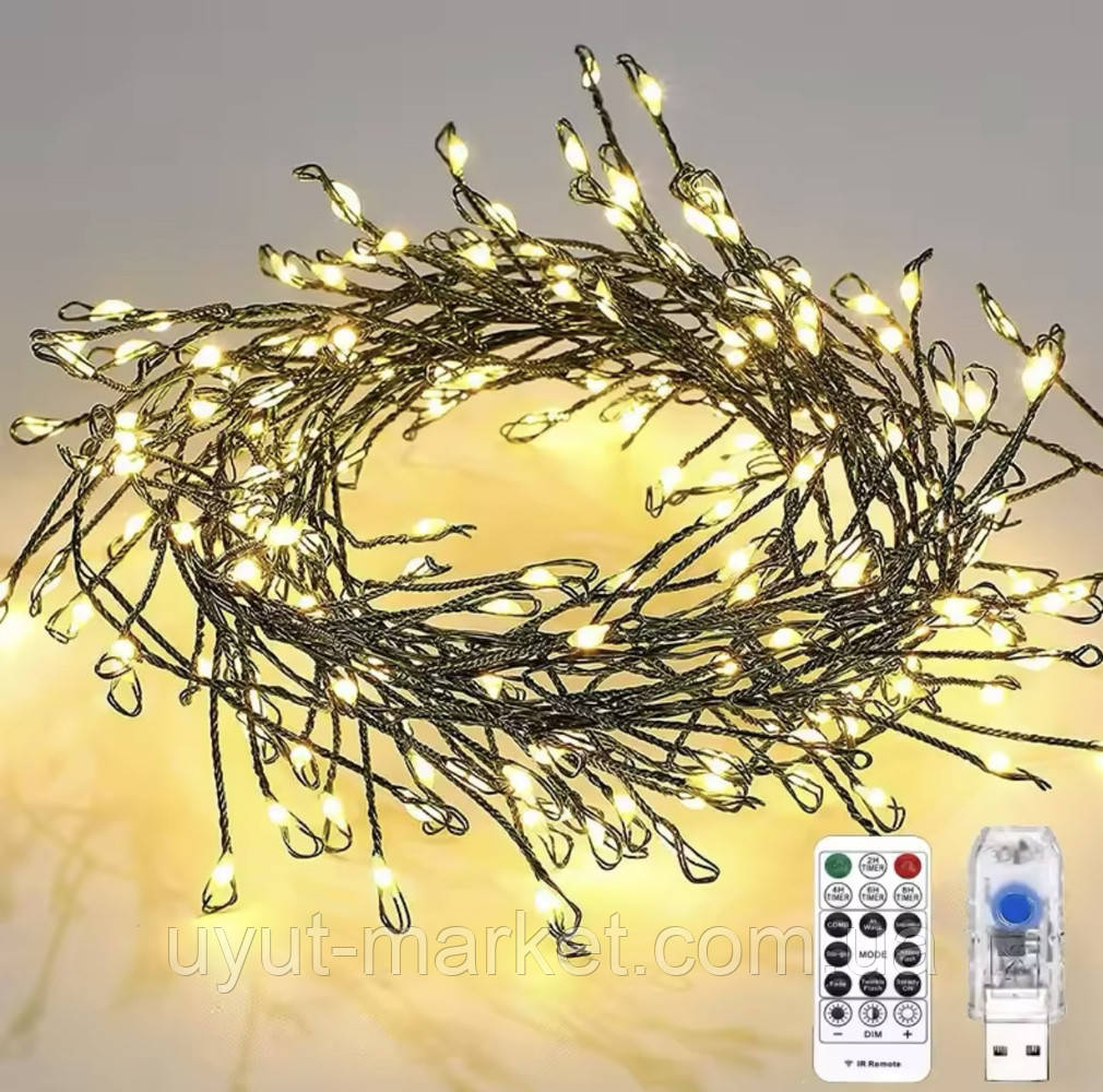 Новорічна USB гірлянда нитка кластер 10м 300LED Феєрверк  тепле світло зелена проволка, фото 1