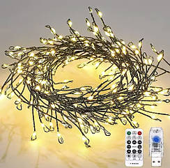 Новорічна USB гірлянда нитка кластер 10м 300LED Феєрверк тепле світло зелена проволка