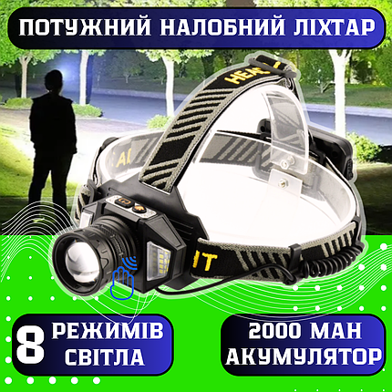 Ліхтар налобний акумуляторний з функцією PowerBank T503A ліхтарик професійний з датчиком руху, фото 1