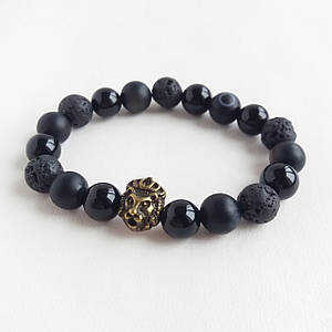 Браслет чоловічий з Чорного агату Лави з Левом d 10мм