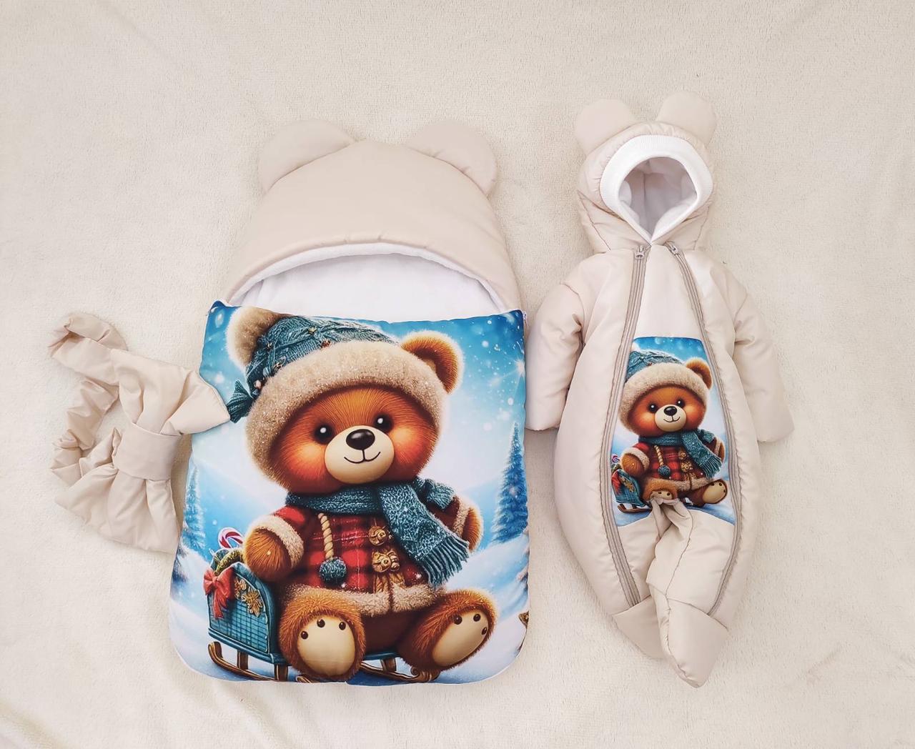 Комплект спальник + комбінезон для новонароджених, принт Ведмедик на санчатах, фото 1